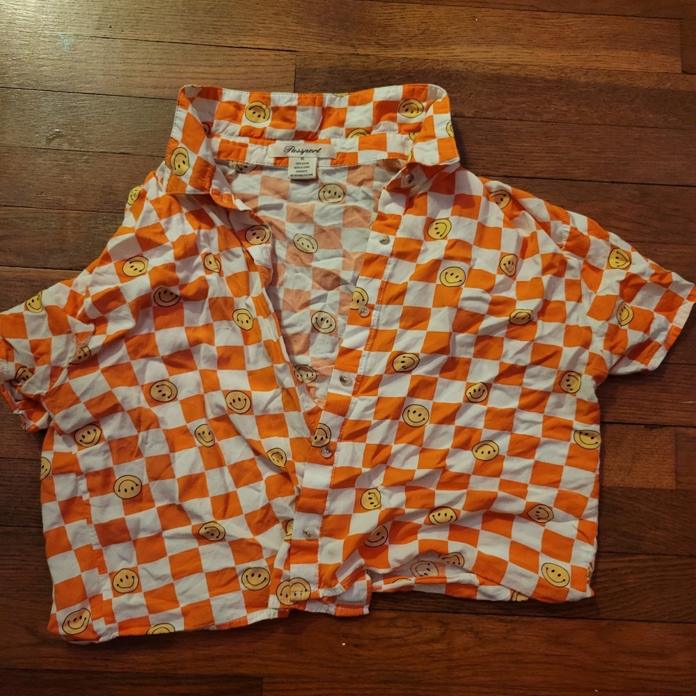 Checkerboard orange and white button down shirt